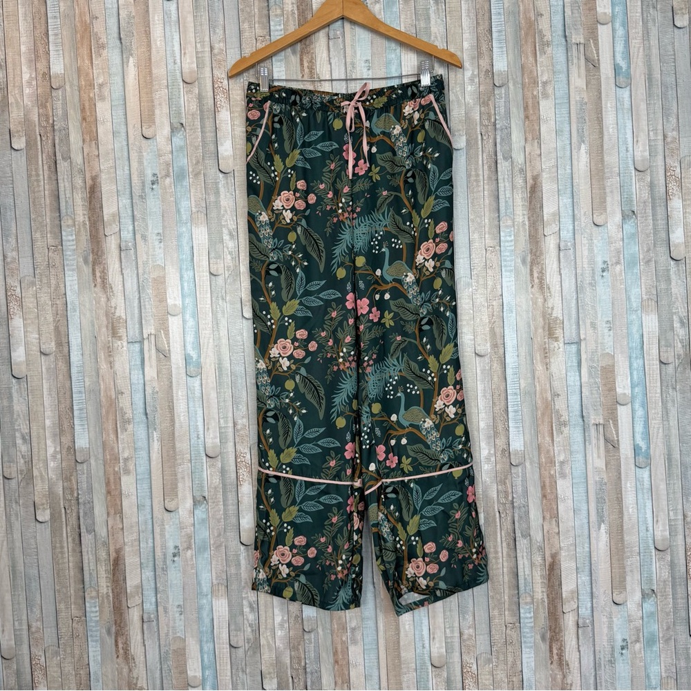 Rifle Paper Co. Forest Green Floral Satin Pajama Set with Pink Trim - Picture 6 of 12